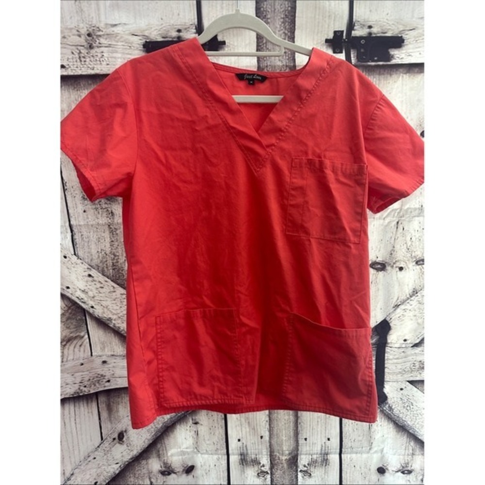 Just Love Womens V-Neck Scrub Top Coral Red Short Sleeve 3-Pocket Size M